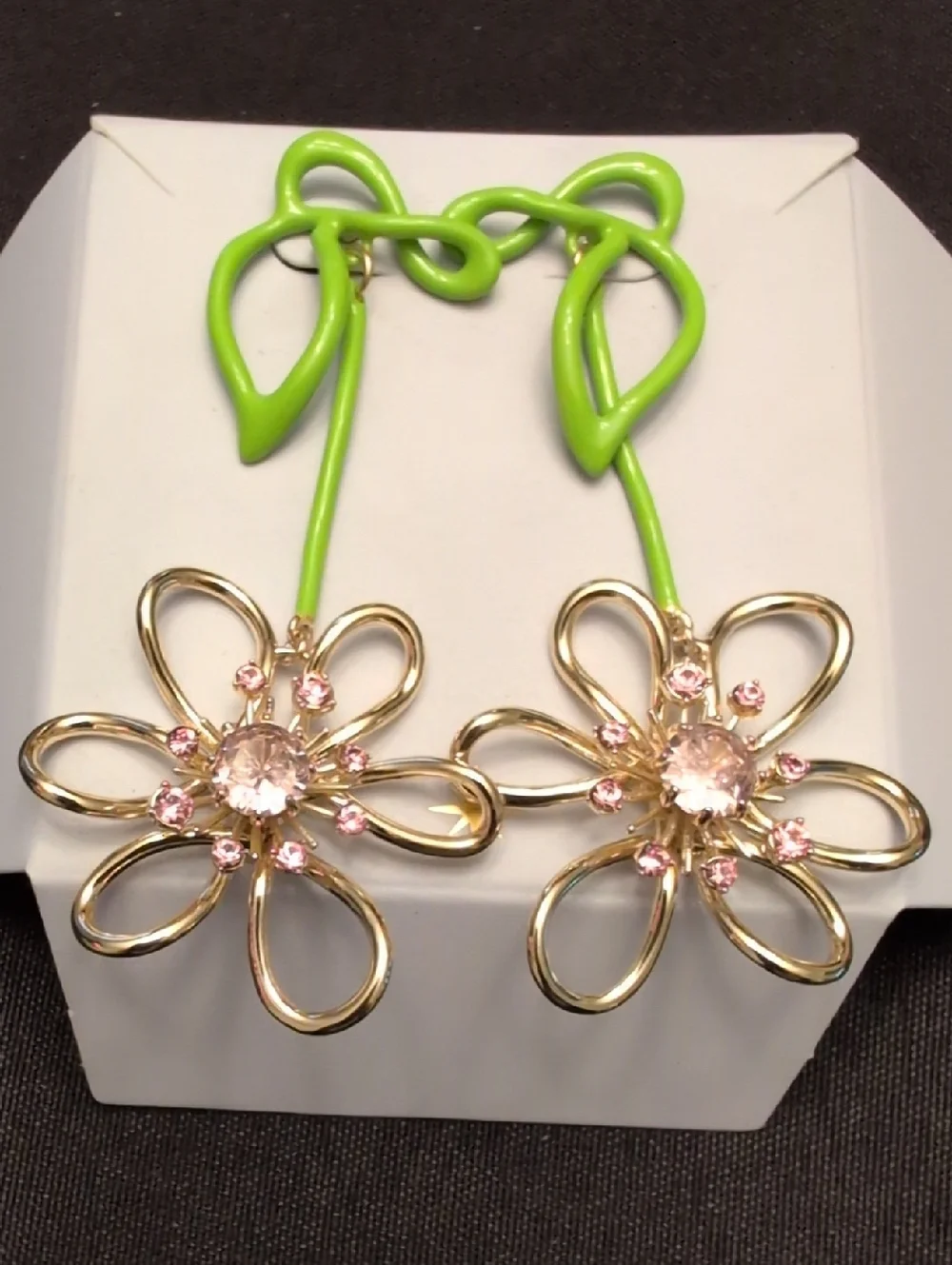 Gold & Lime Green Flower Drop Earrings with Pink Crystals